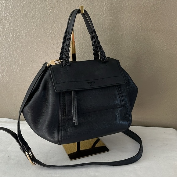 Tory Burch Half Moon Leather Satchel Black Gold Crossbody Convertible Bag - Picture 16 of 17